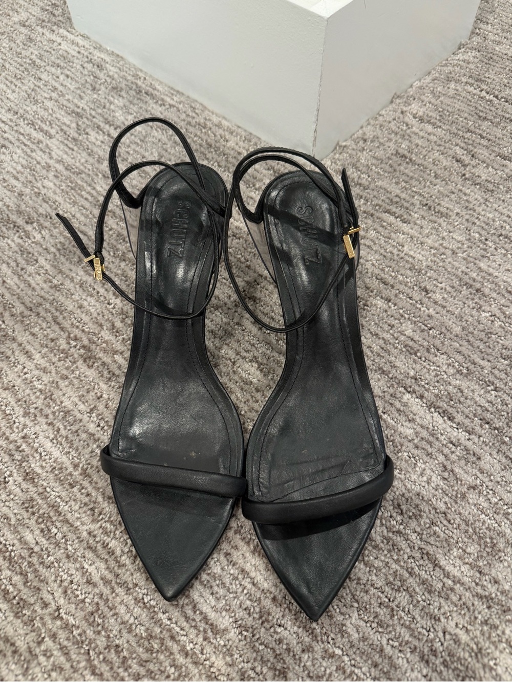 Schutz Skye Leaf Mid Black Clear Vinyl Strappy Pointed Toe Heels Size 10
